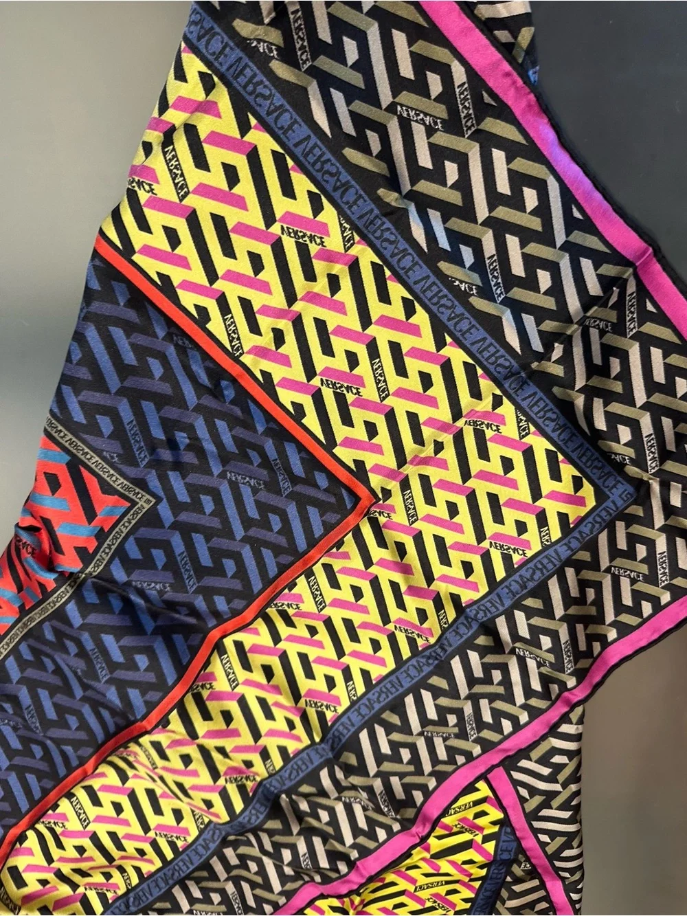 Like New! Large Versace Neon Yellow Blue Pink Geometric Silk Scarf